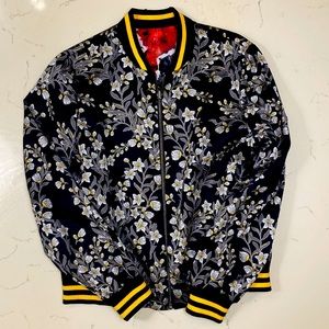 Alice + Olivia Black Floral Bomber Jacket with Yellow Trim